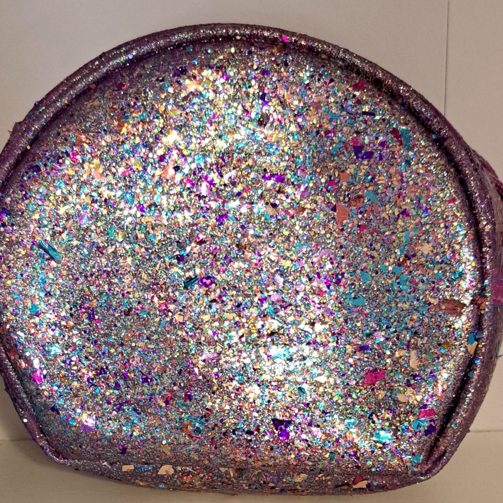 Custom Estee Lauder purple sparkly confetti glitter round makeup beauty bag